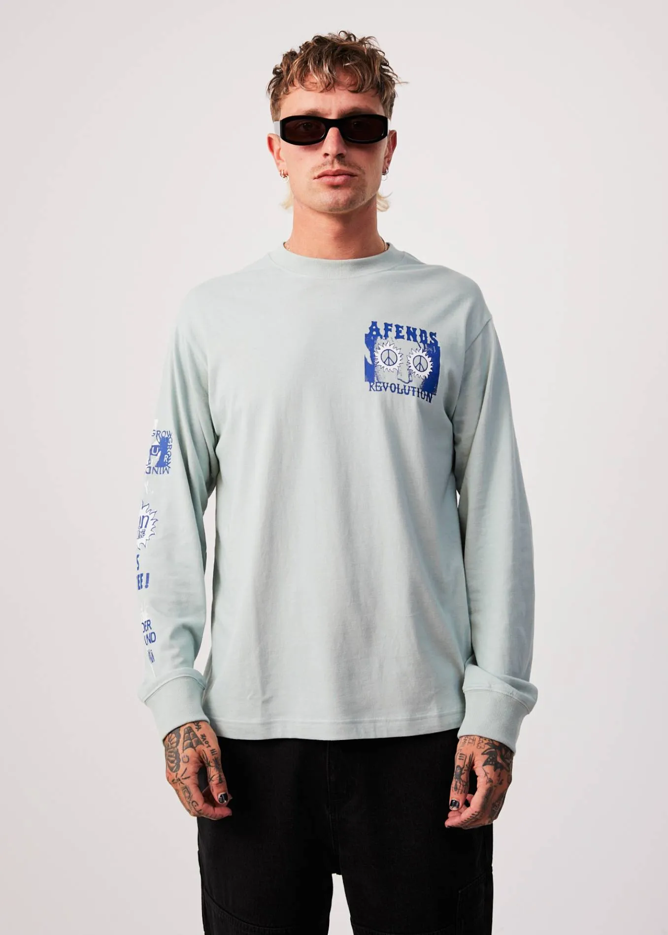 AFENDS Mens Utopia - Long Sleeve Graphic T-Shirt - Smoke Green