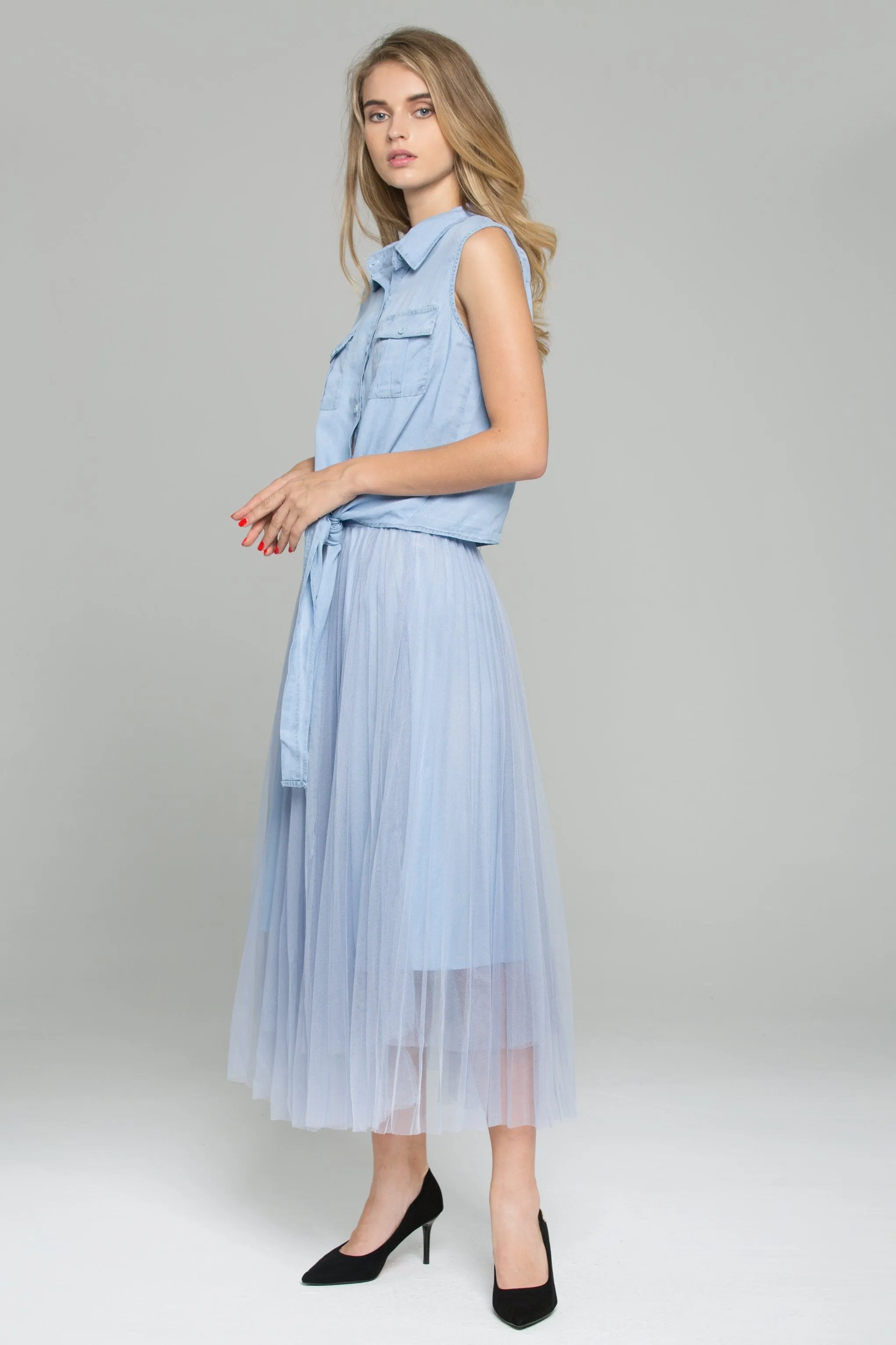 Blue Denim Front Tie Mesh Double Layer Pleated Midi Set