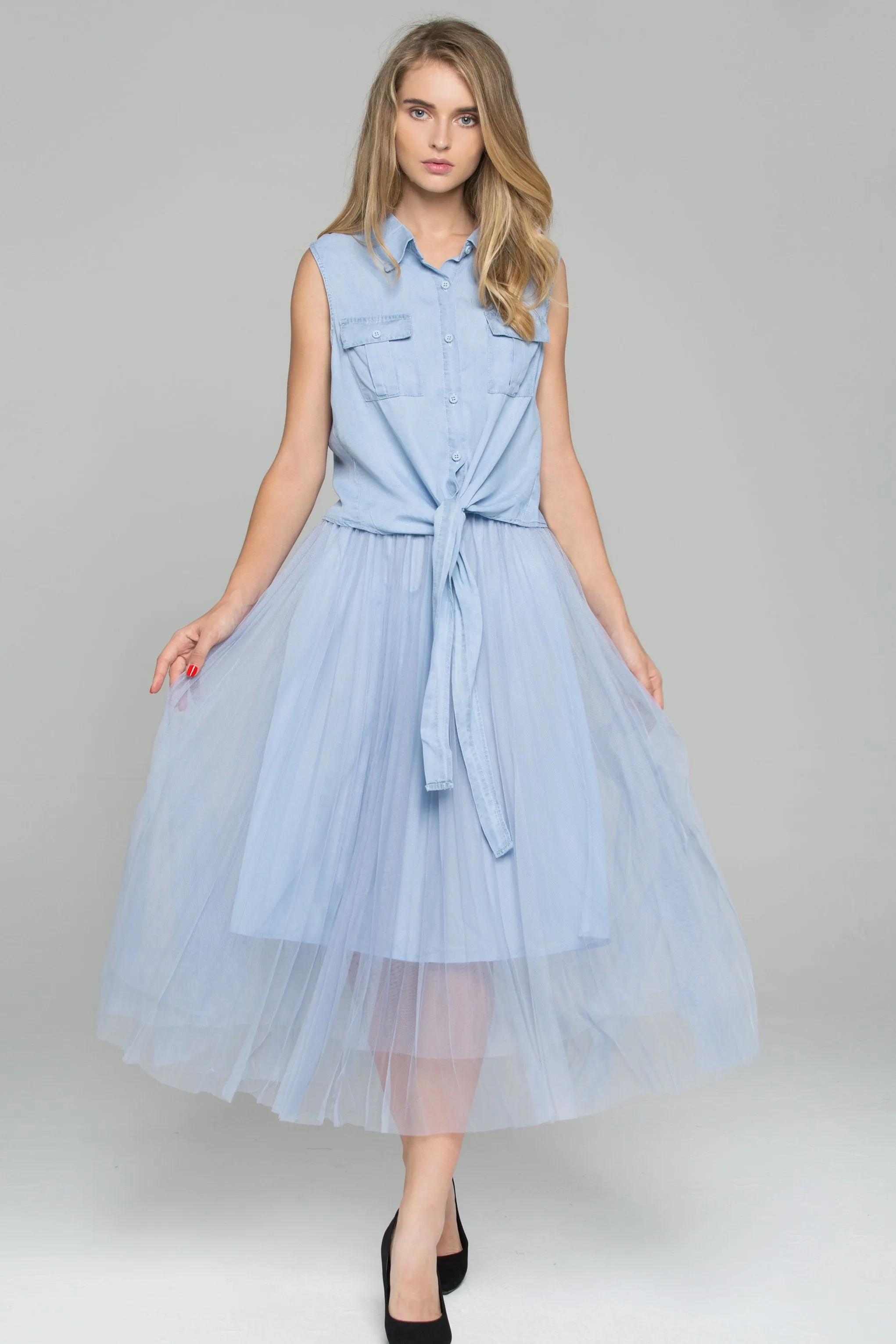 Blue Denim Front Tie Mesh Double Layer Pleated Midi Set