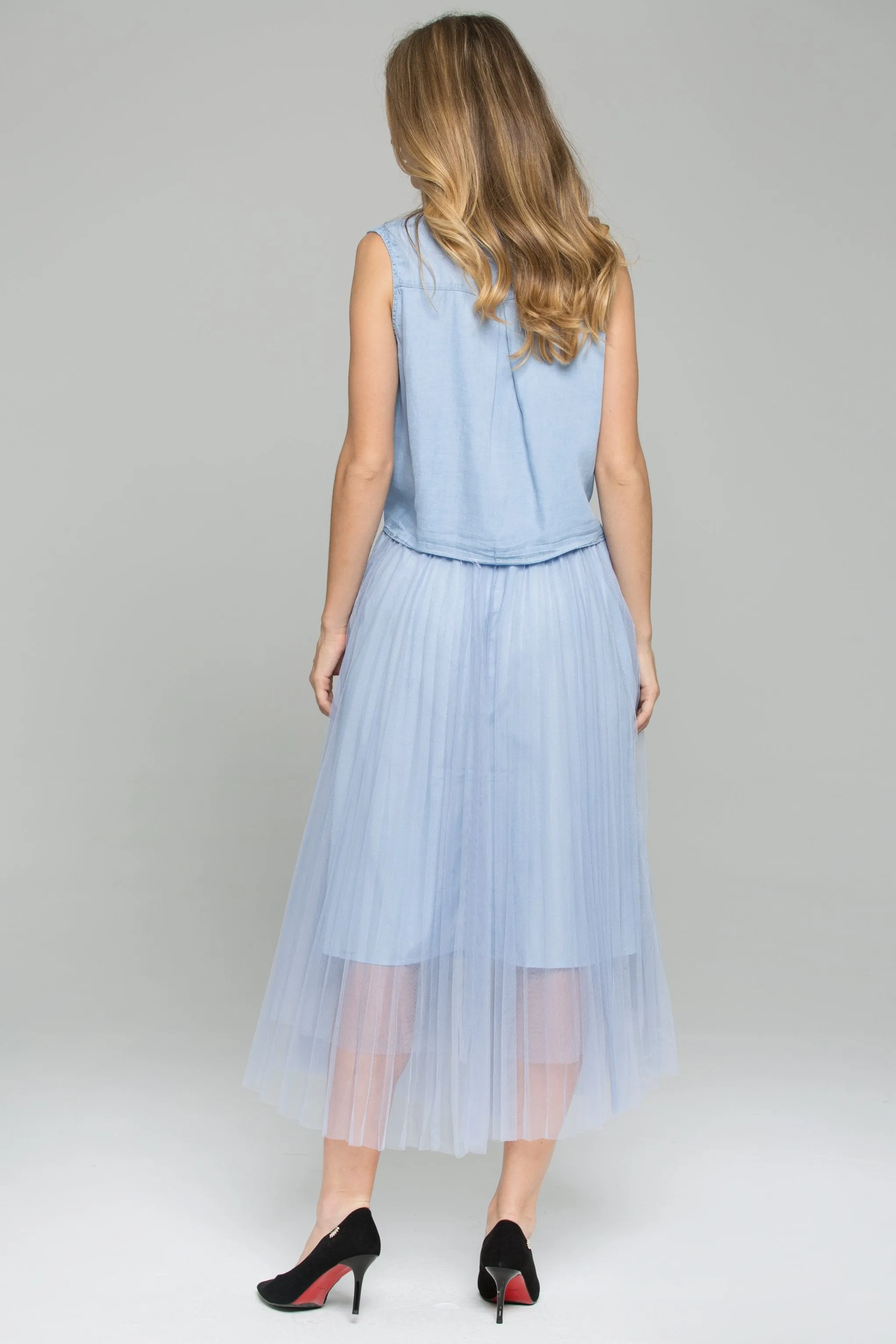 Blue Denim Front Tie Mesh Double Layer Pleated Midi Set