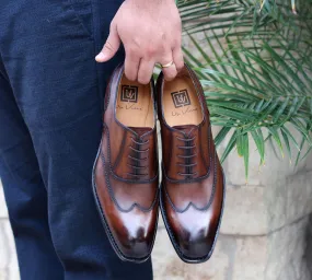 Burnished Calfskin "Wick" Lace-Up Wingtip Oxford Walnut