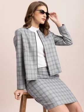 Checkered Round Neck Jacket - Grey