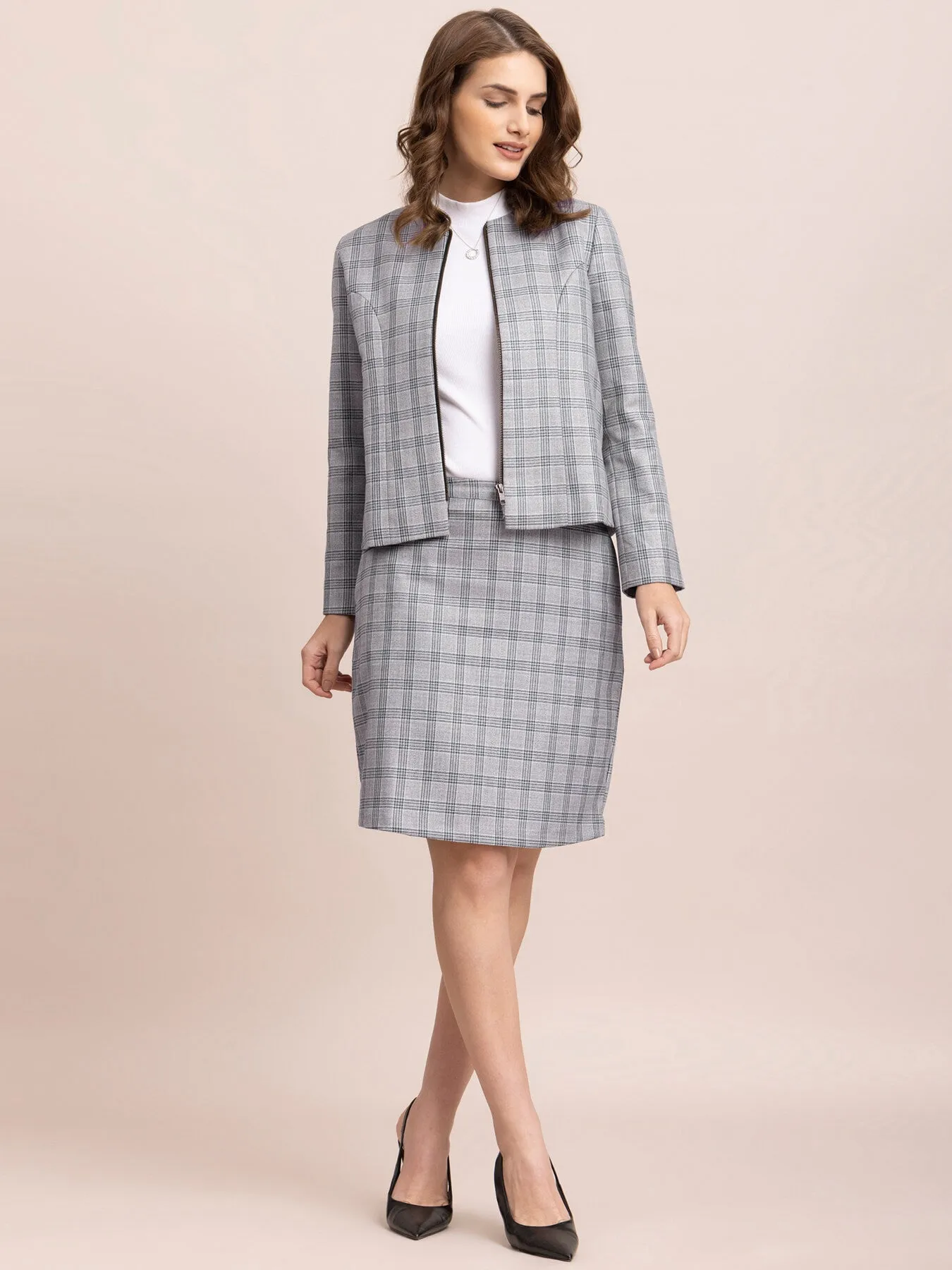 Checkered Round Neck Jacket - Grey