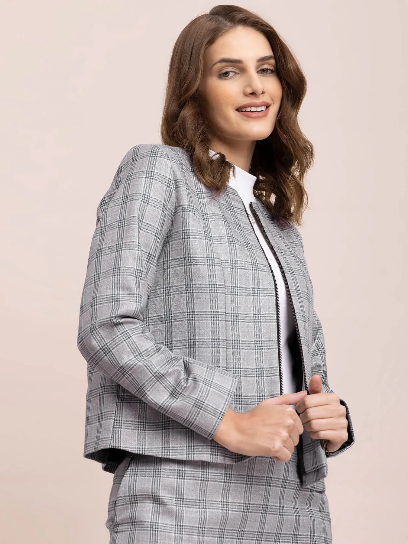 Checkered Round Neck Jacket - Grey