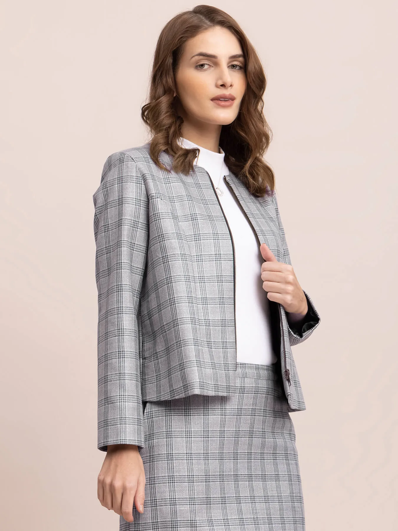 Checkered Round Neck Jacket - Grey