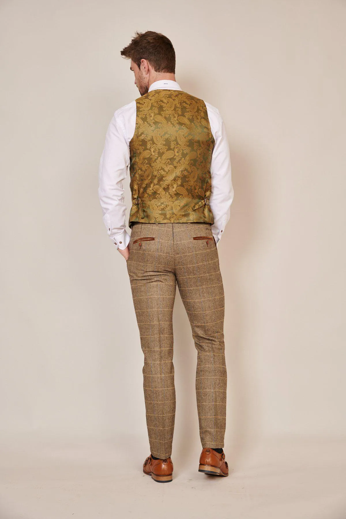 Comedian Ade Edmondson In TED Tan Tweed Check Waistcoat & Trousers