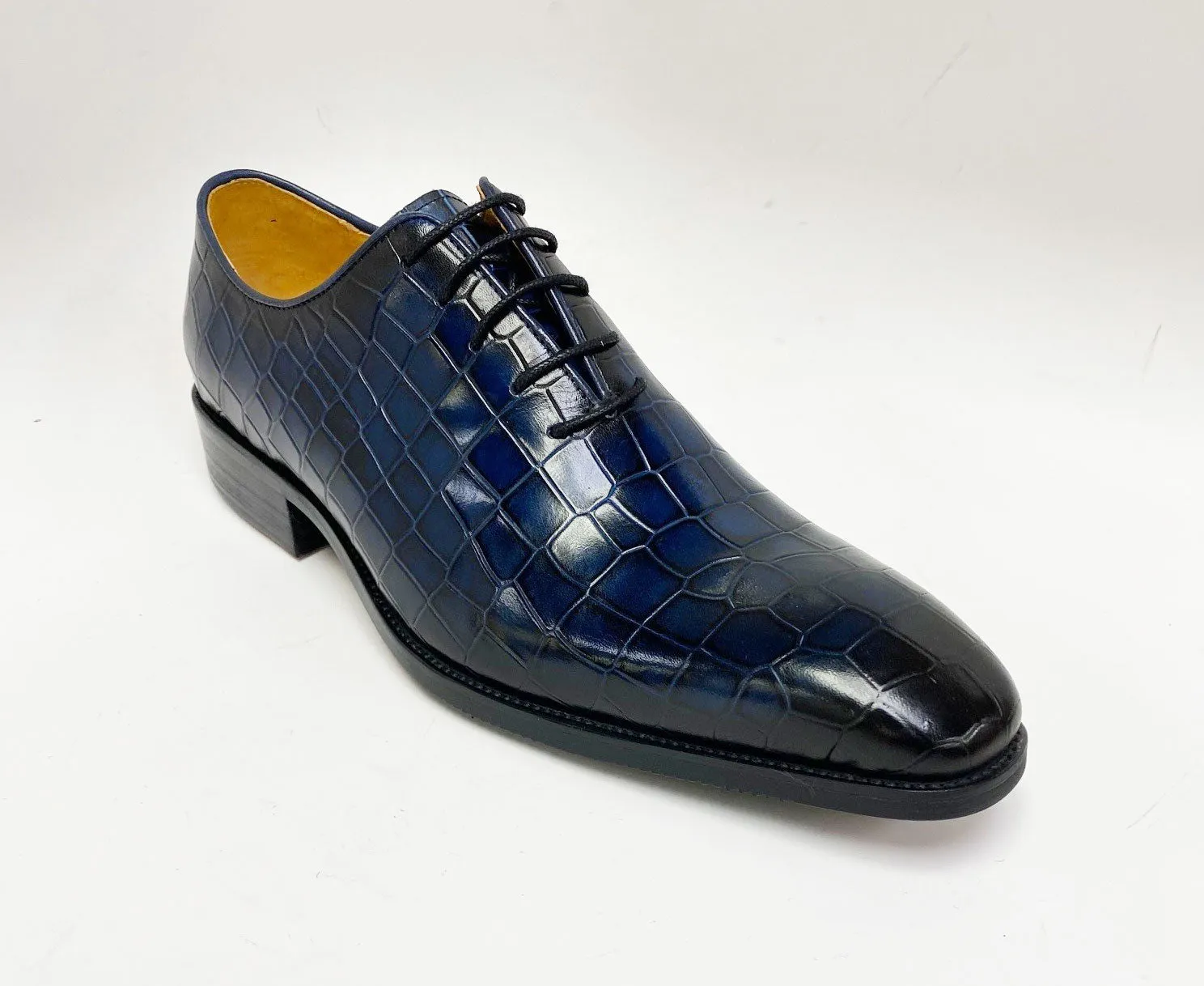 Crocodile Embossed Calfskin Lace-Up Oxford Navy