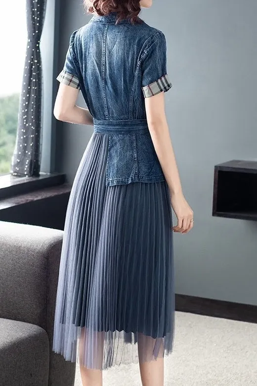 Denim and Mesh Pleated Dress