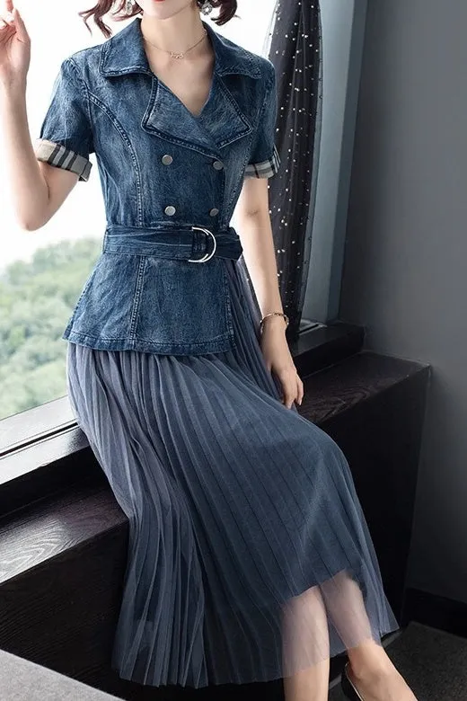 Denim and Mesh Pleated Dress