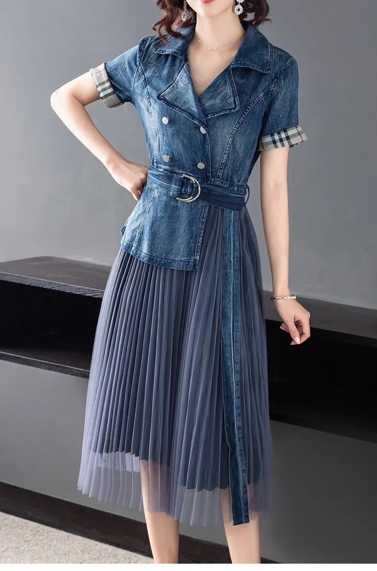 Denim and Mesh Pleated Dress