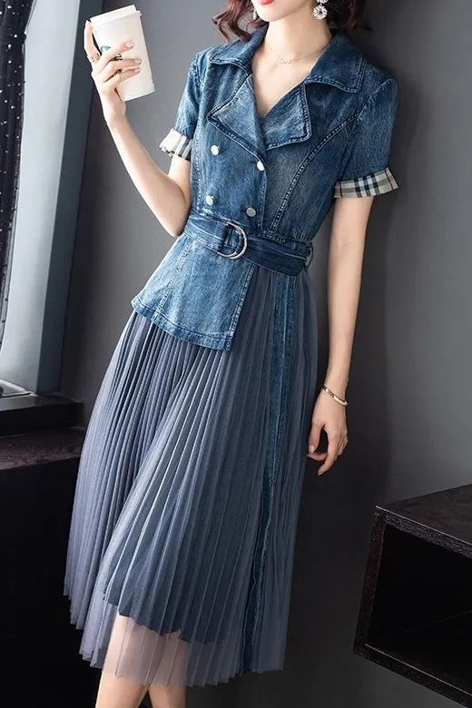 Denim and Mesh Pleated Dress