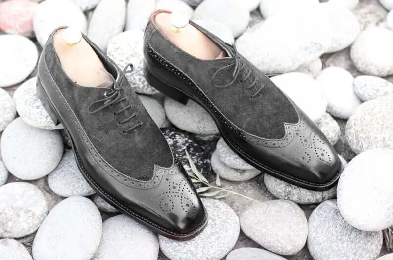 Elegant Handmade Men's Black Leather Suede Wing Tip Brogue Shoes, Men Dress Formal Lace Up Shoes