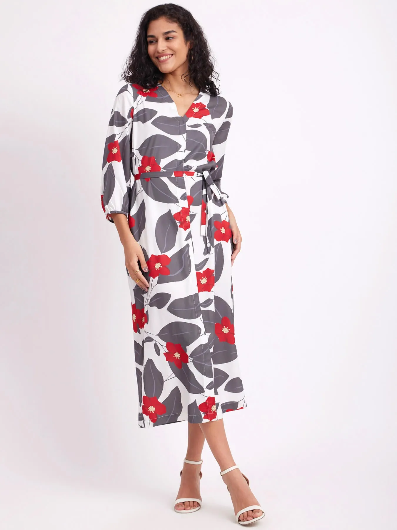 Floral Print Midi Dress - White And Grey