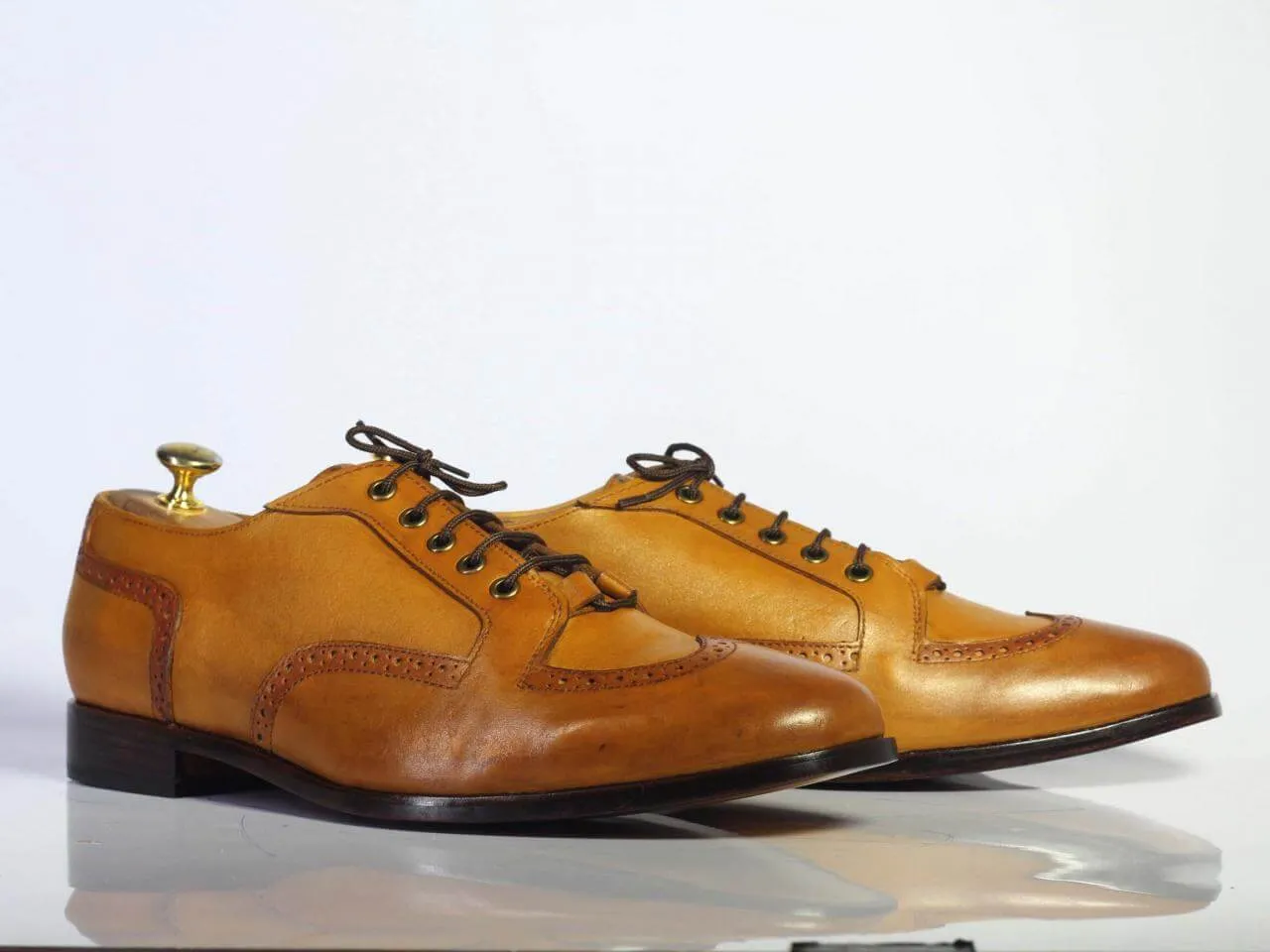 Handmade Men's Tan Leather Lace Up Shoes, Men Wing Tip Dress Fashion Shoes