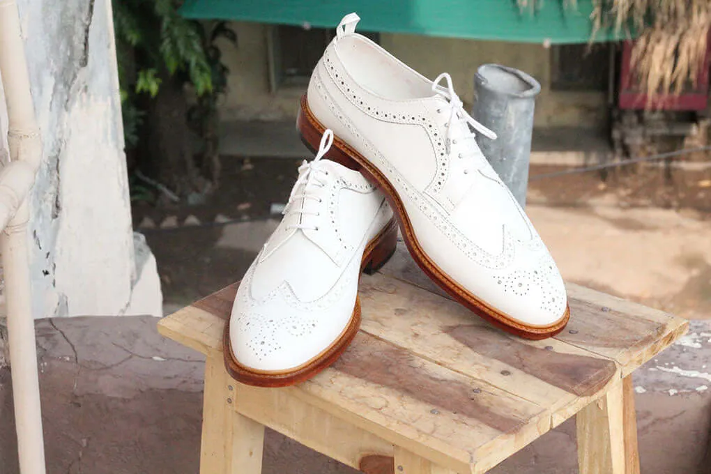 Handmade Men's White Leather Wing Tip Brogue Lace Up Shoes, Men Designer Dress Formal Luxury Shoes