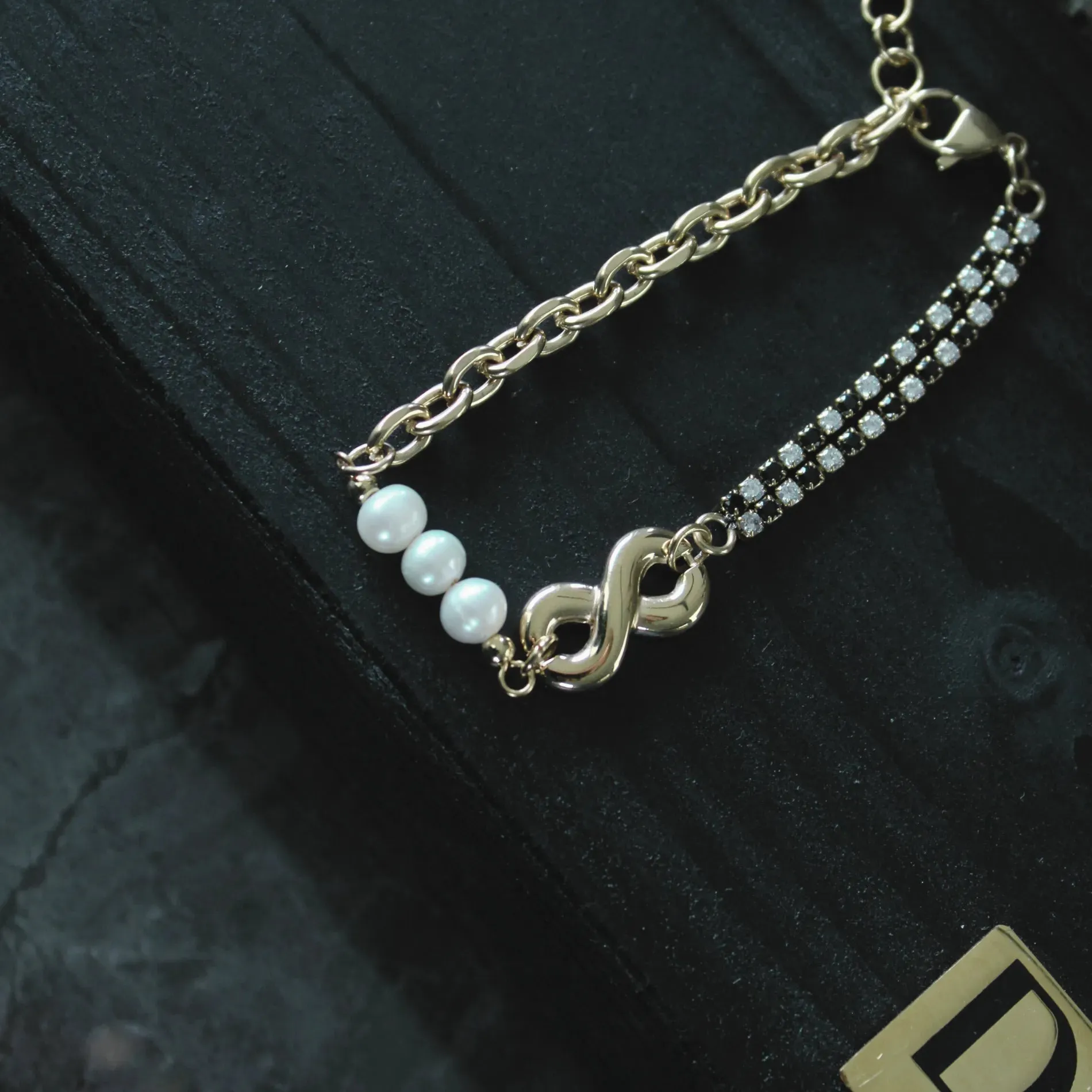 Joy Waterproof Infinity CZ Pearl Bracelet 18K Gold Plating