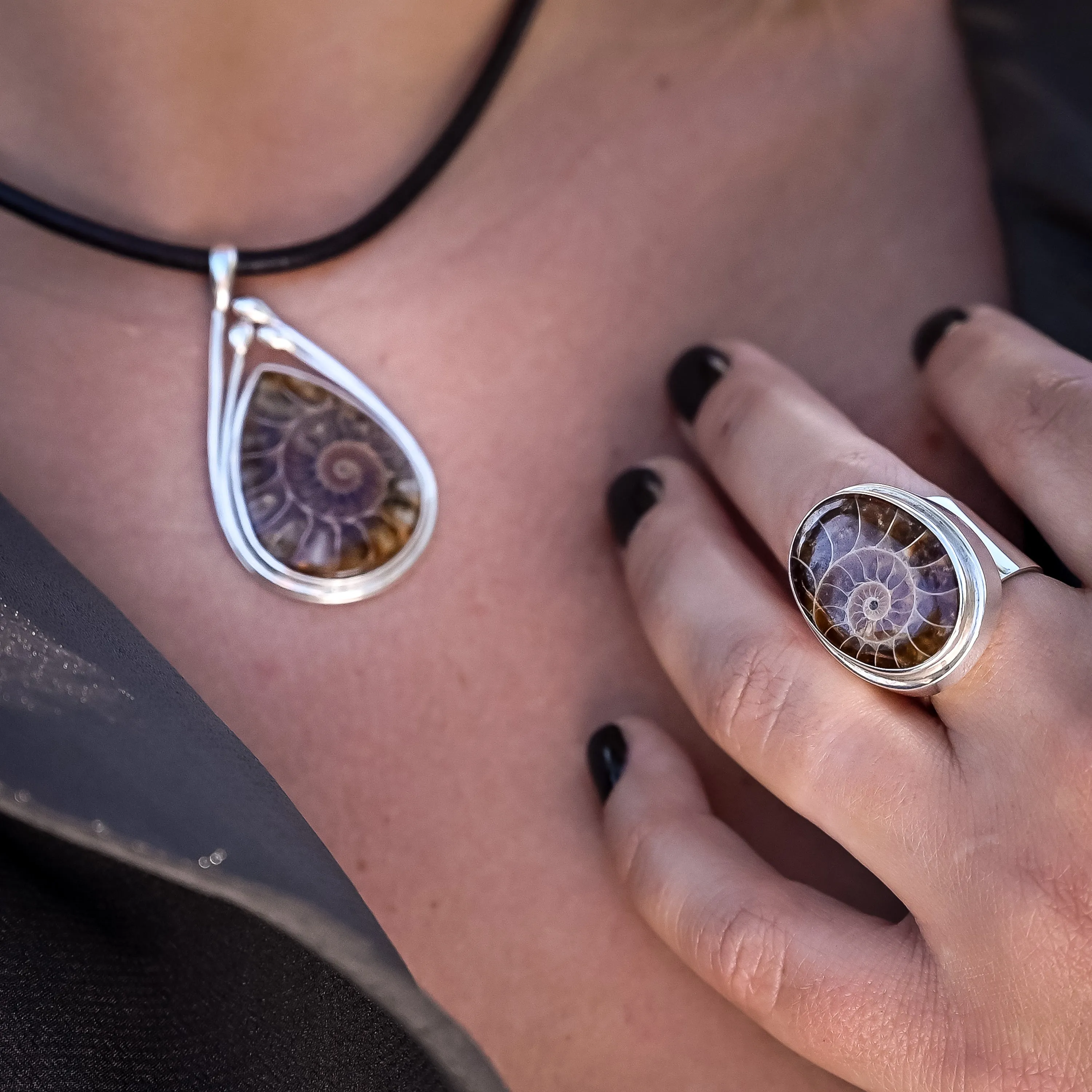 Large Ammonite Fossil Silver Ring