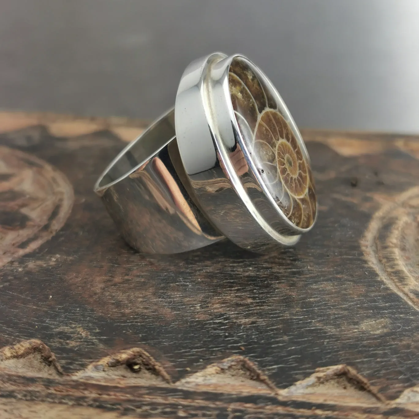 Large Ammonite Fossil Silver Ring