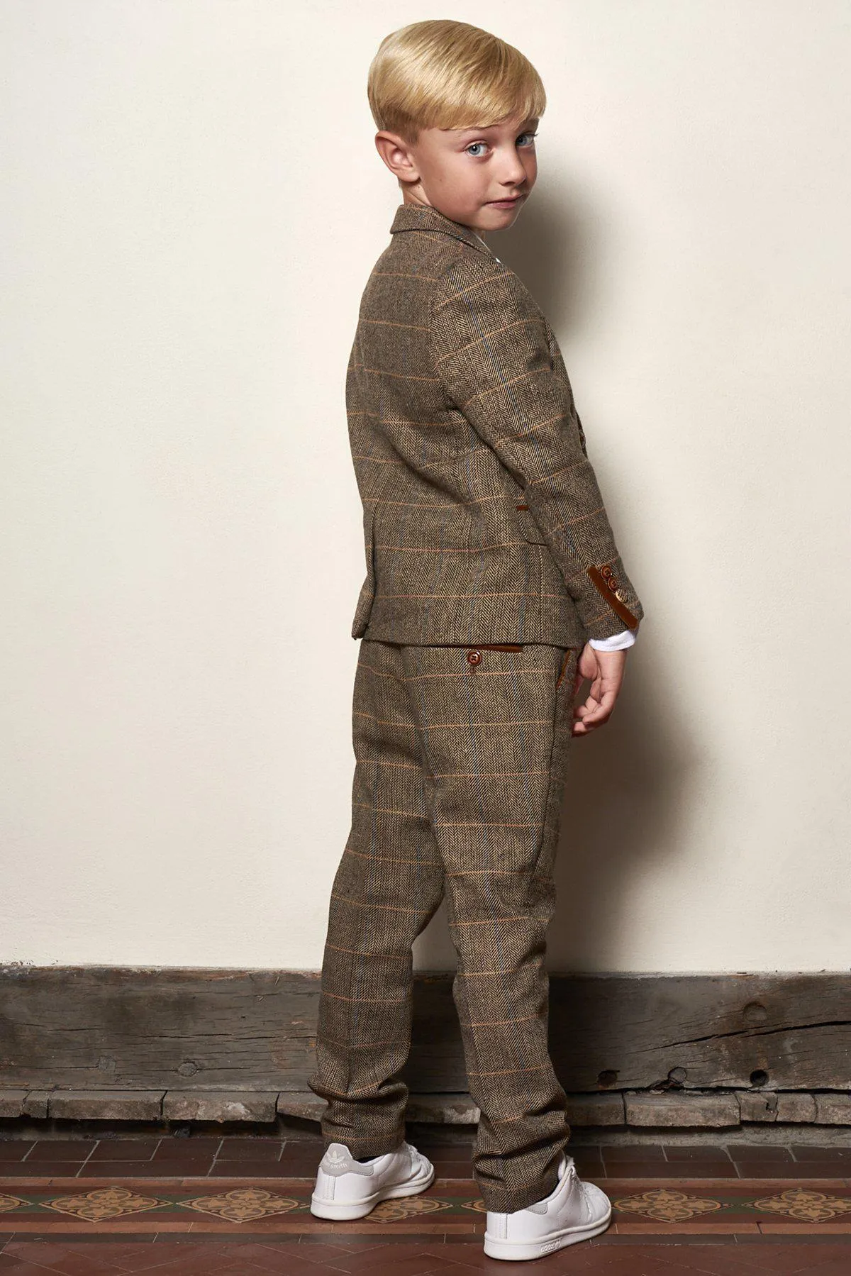 Matching Father & Son | Men’s TED Tan Tweed Check Three Piece Suit