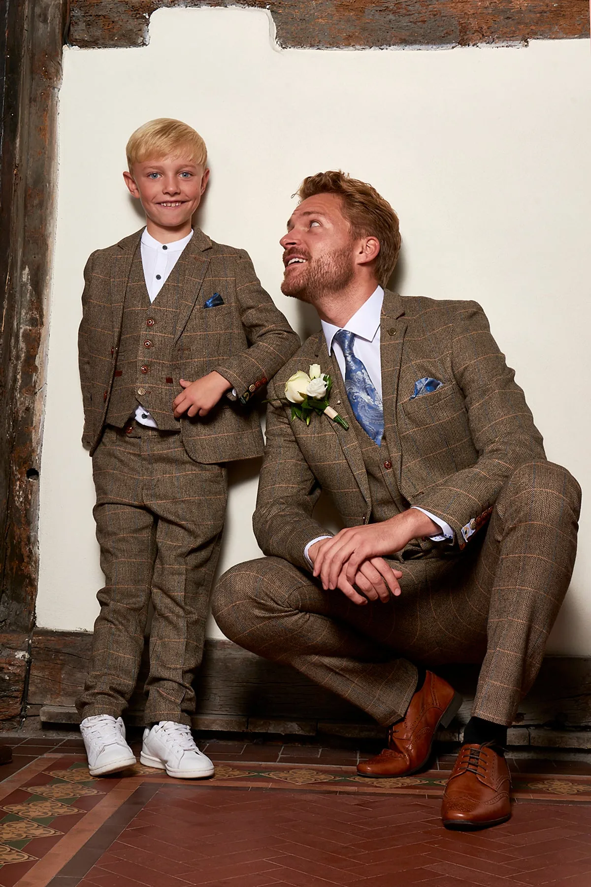 Matching Father & Son | Men’s TED Tan Tweed Check Three Piece Suit