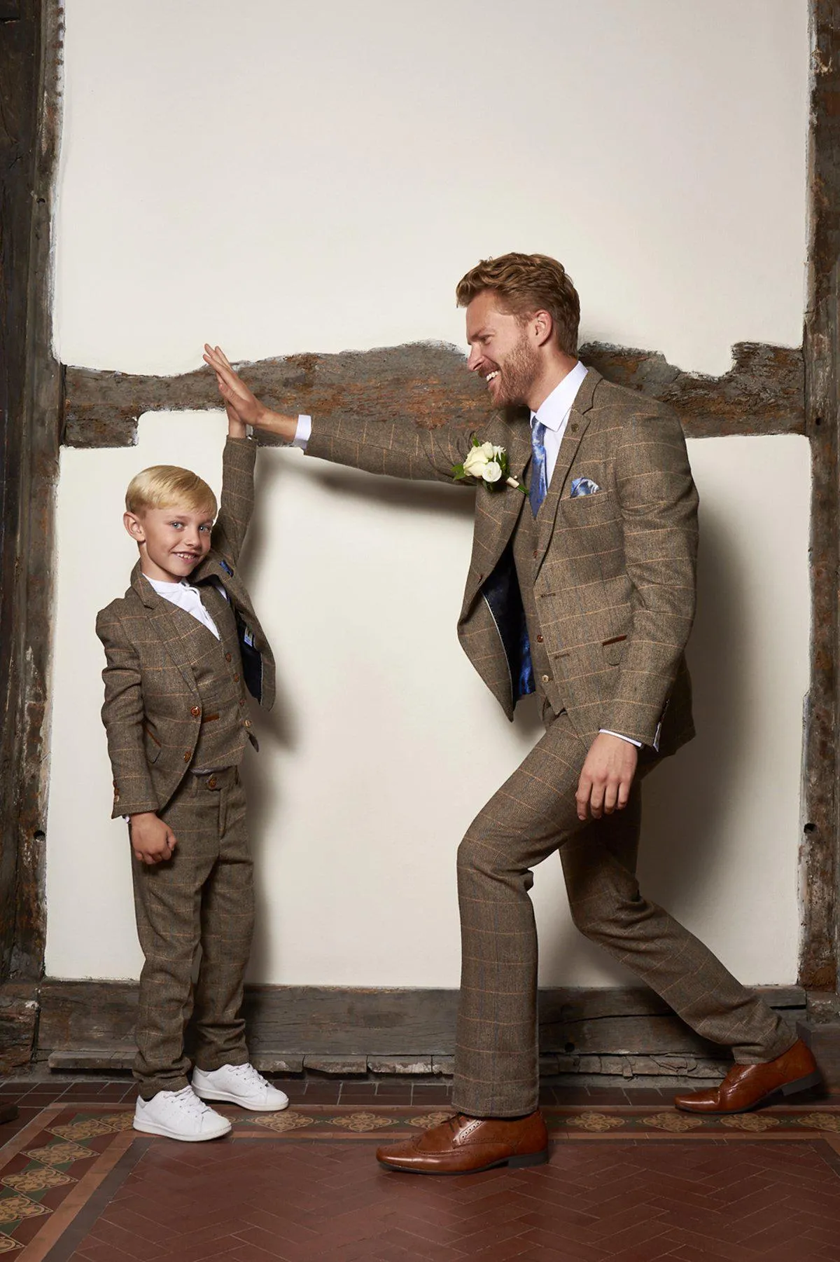 Matching Father & Son | Men’s TED Tan Tweed Check Three Piece Suit