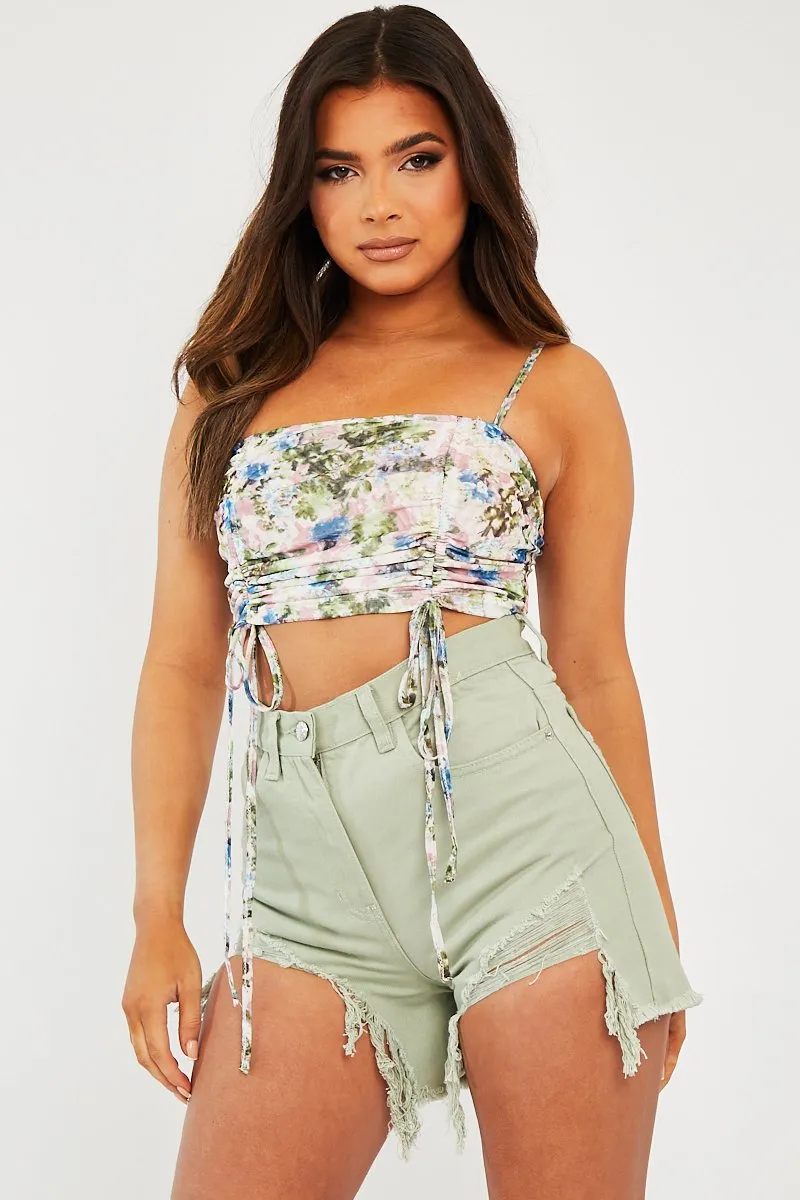 Pink Floral Ruched Front Crop Top - Pandora