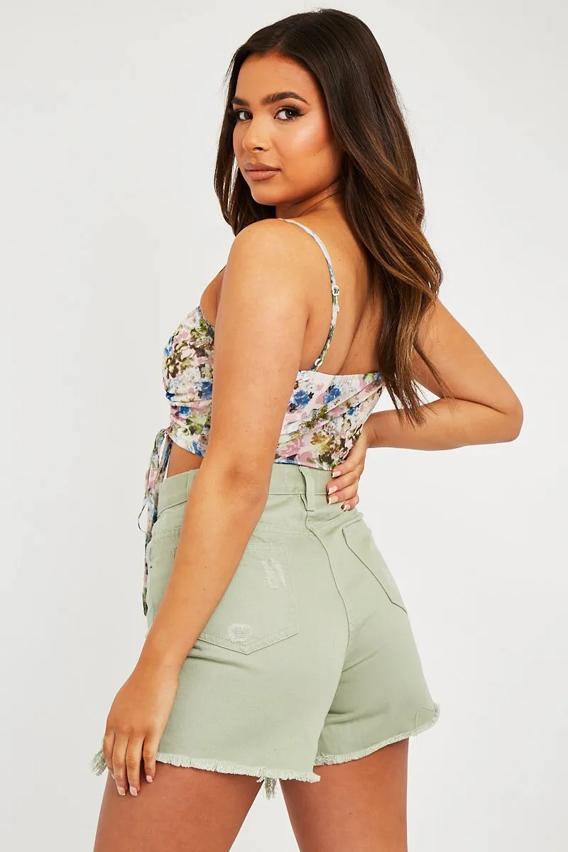 Pink Floral Ruched Front Crop Top - Pandora