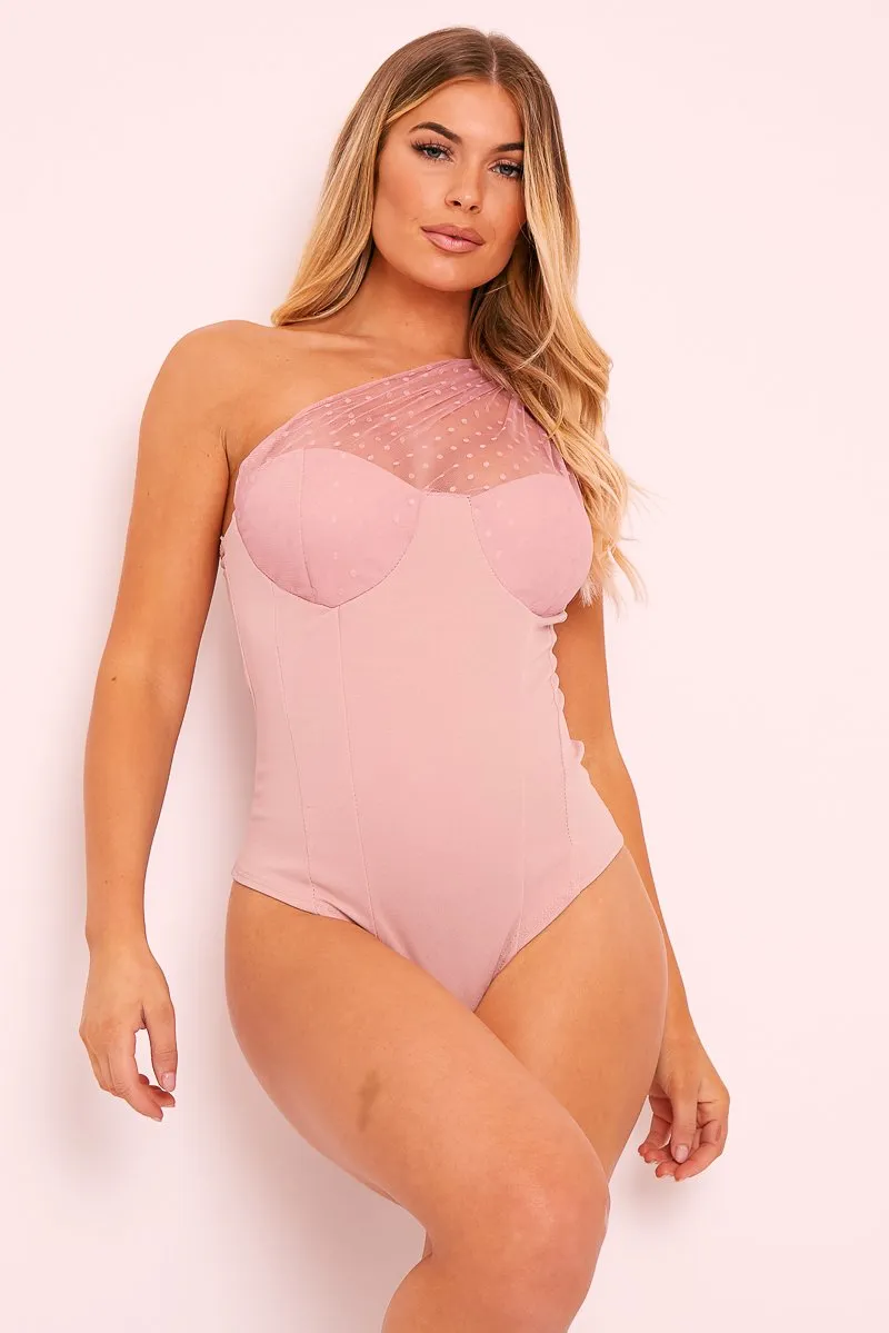 Pink Polka Mesh Corset One Shoulder Bodysuit - Carrie