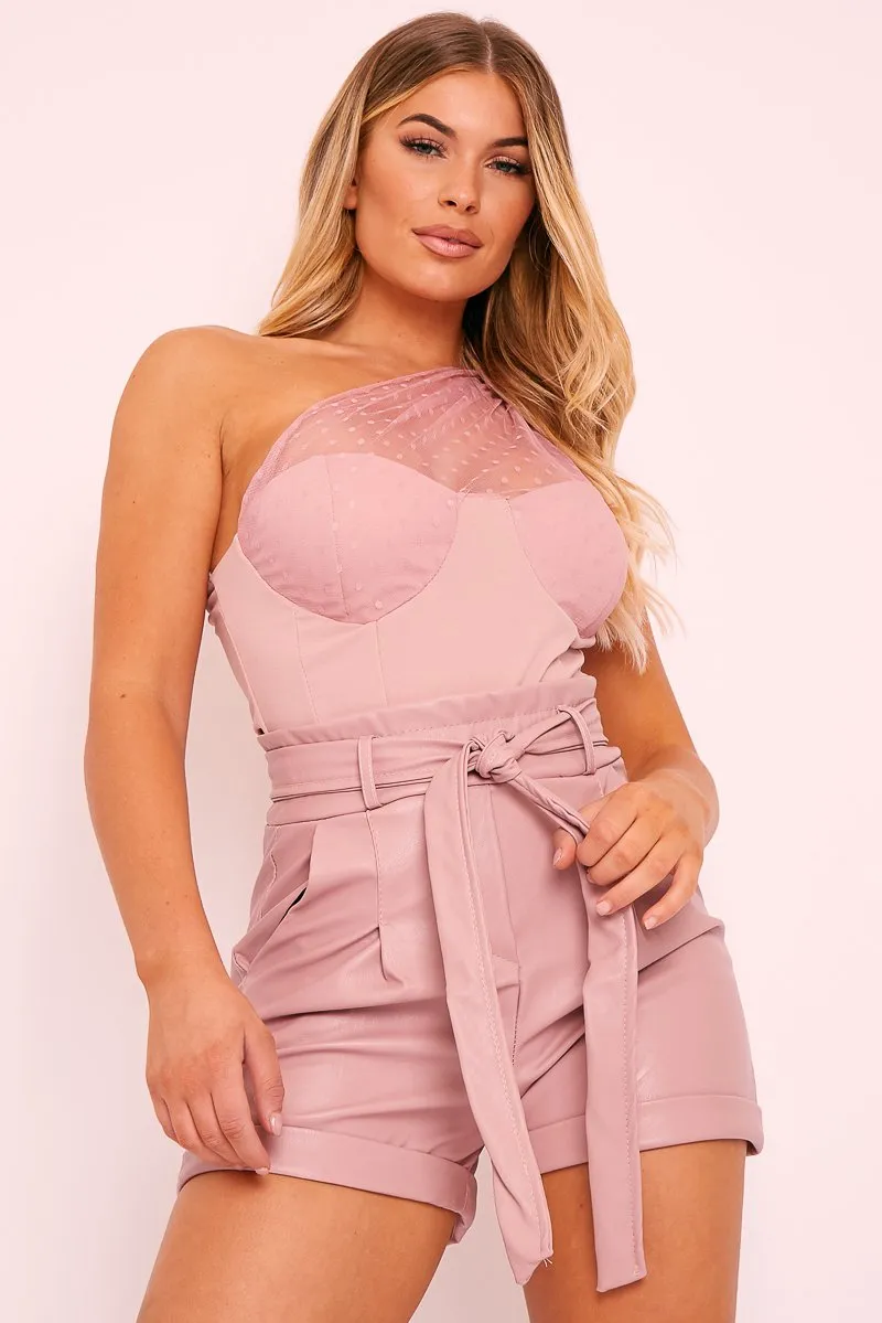 Pink Polka Mesh Corset One Shoulder Bodysuit - Carrie