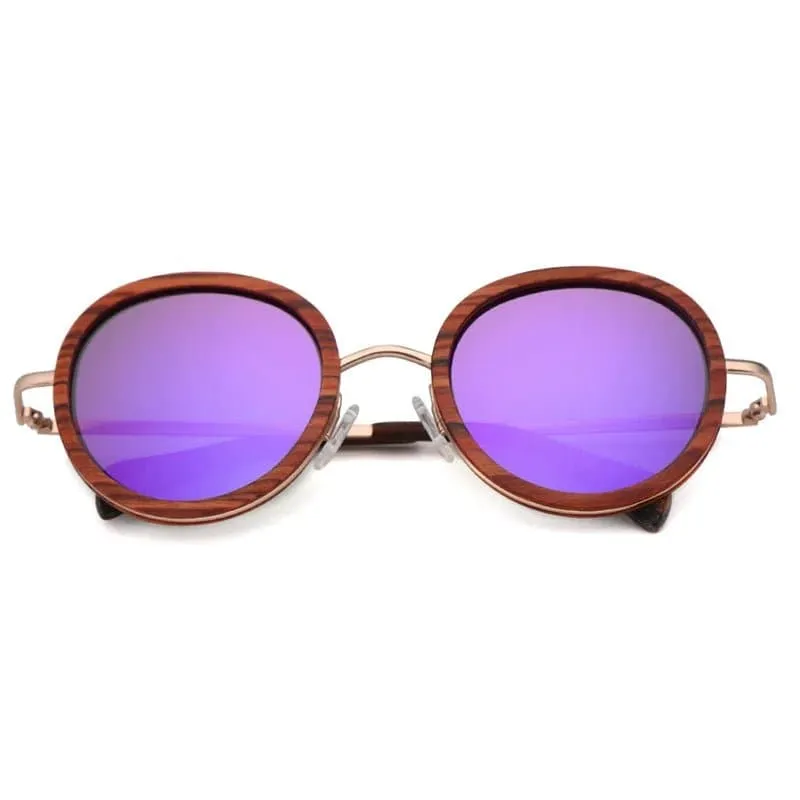 Polarized Round Wooden Metal Frame Sunglasses for Women