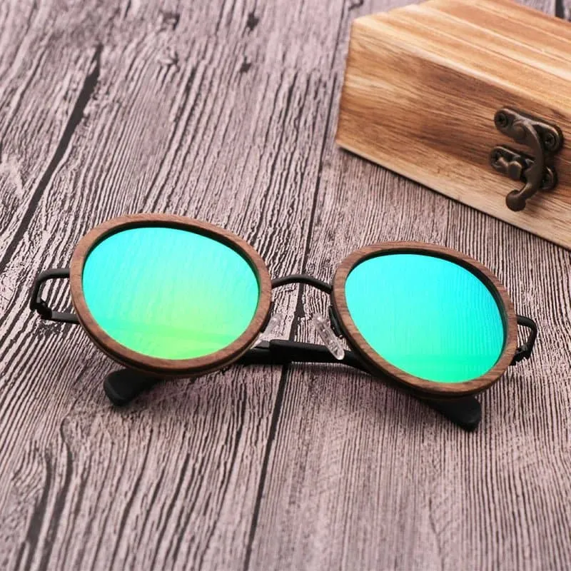 Polarized Round Wooden Metal Frame Sunglasses for Women