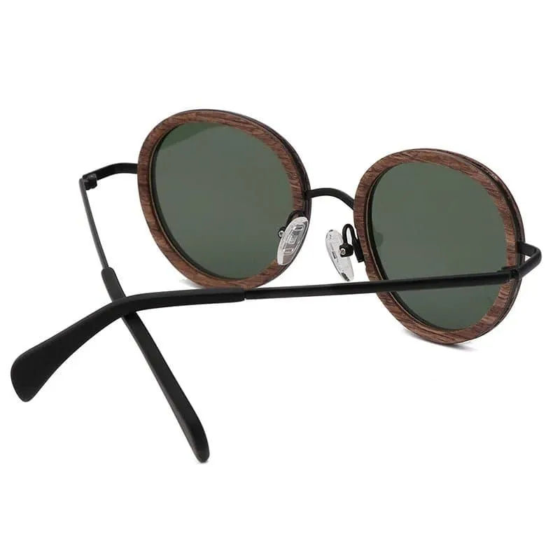 Polarized Round Wooden Metal Frame Sunglasses for Women