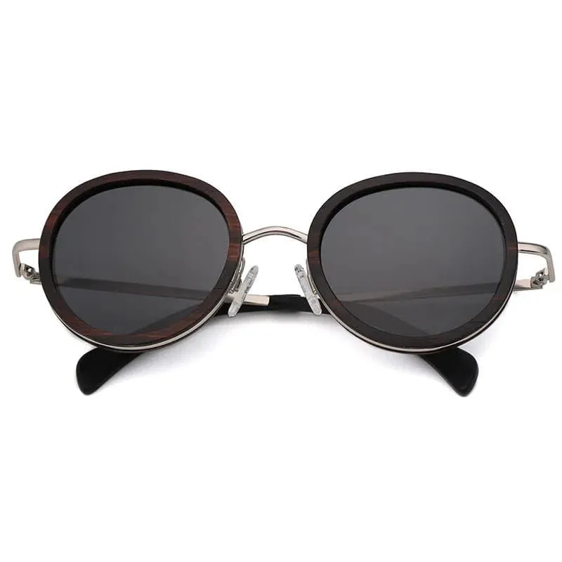 Polarized Round Wooden Metal Frame Sunglasses for Women