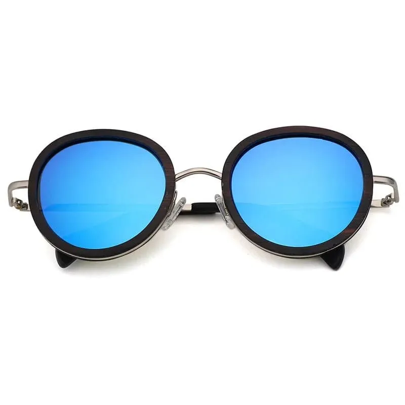 Polarized Round Wooden Metal Frame Sunglasses for Women