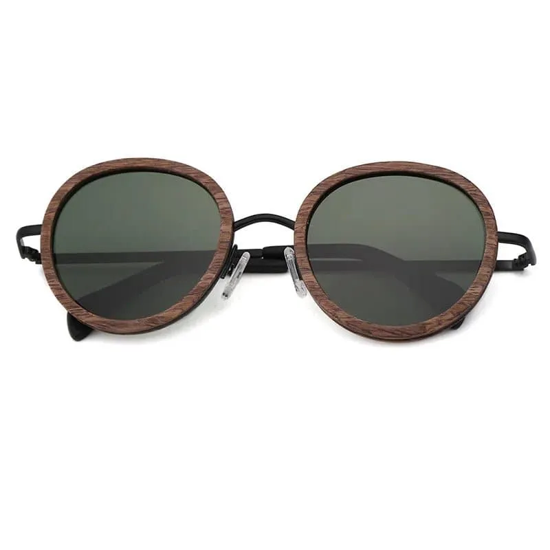 Polarized Round Wooden Metal Frame Sunglasses for Women