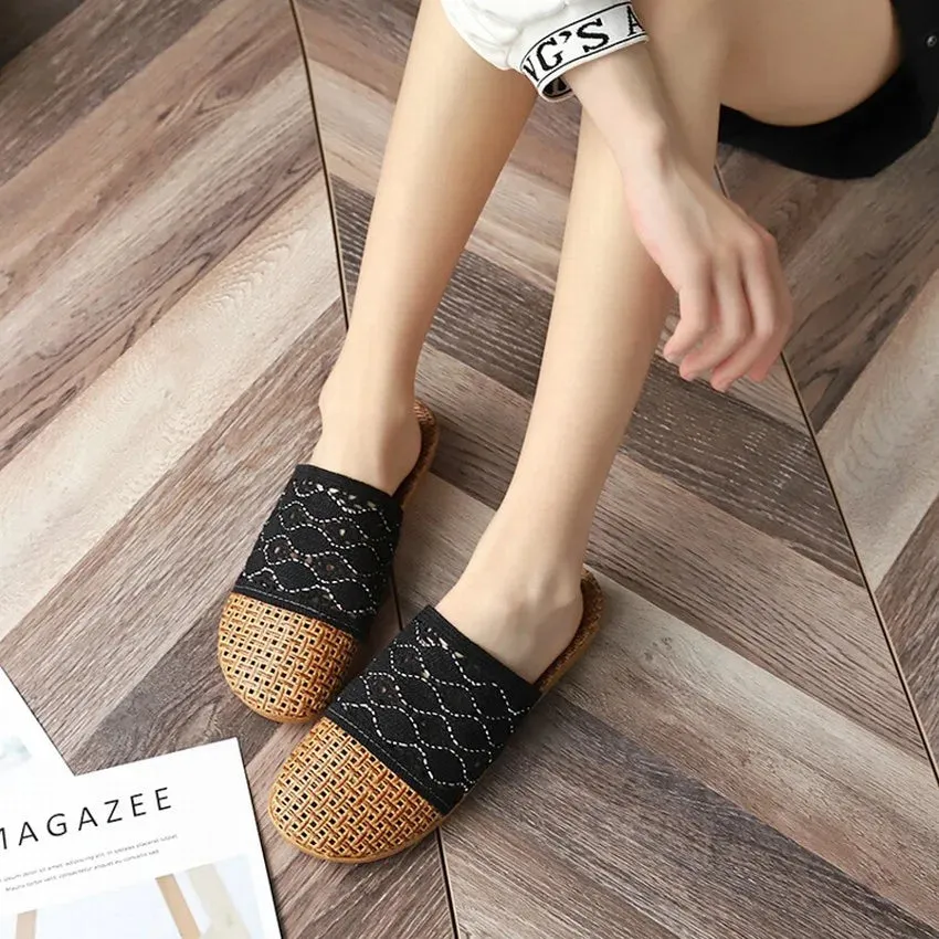 Rattan Mat and Lace Linen Slippers Women Summer Sandals