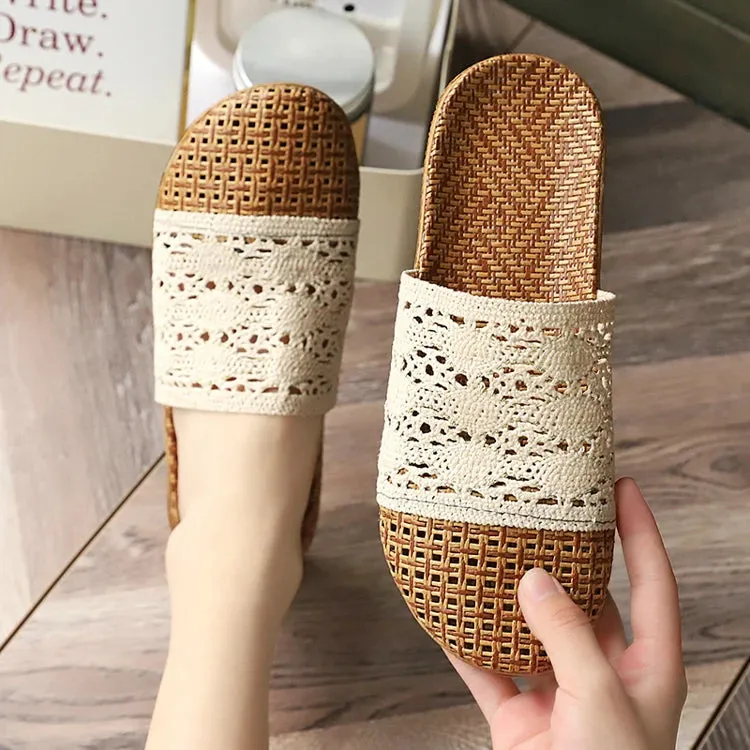 Rattan Mat and Lace Linen Slippers Women Summer Sandals