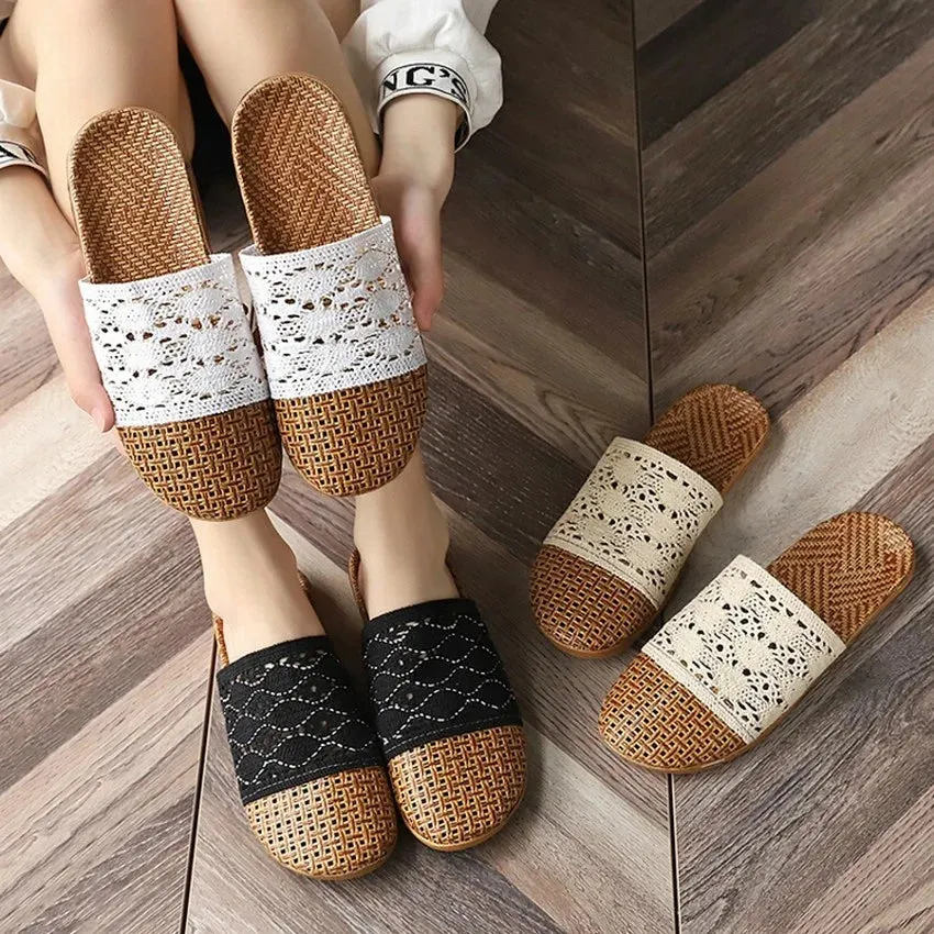 Rattan Mat and Lace Linen Slippers Women Summer Sandals