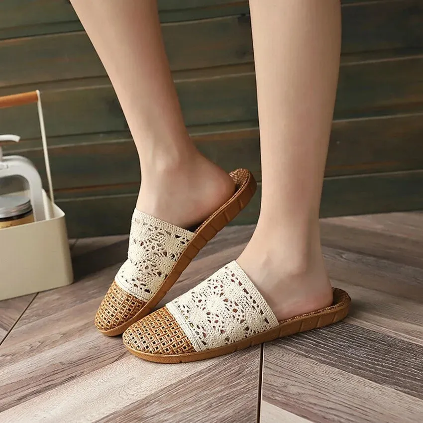 Rattan Mat and Lace Linen Slippers Women Summer Sandals