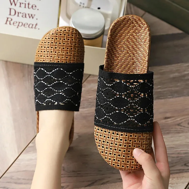 Rattan Mat and Lace Linen Slippers Women Summer Sandals