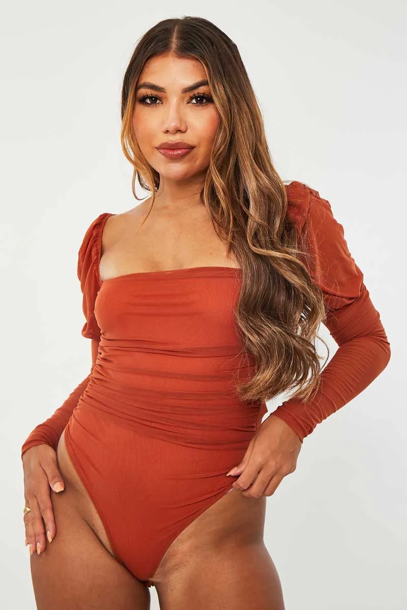 Rust Ruched Body Mesh Sleeve Bodysuit - Raeya