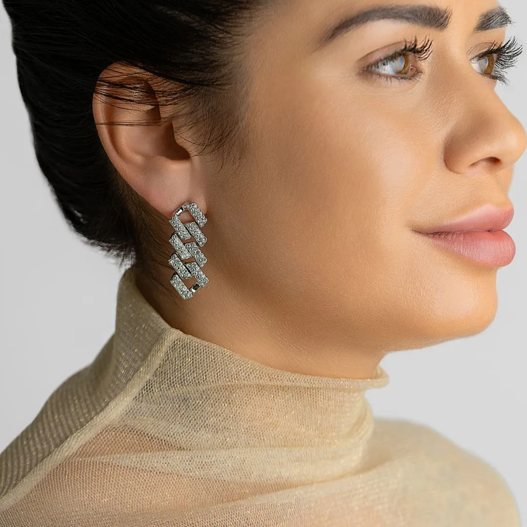 Silver Plated Edgy Cuban Chain Crystal Drop Earrings