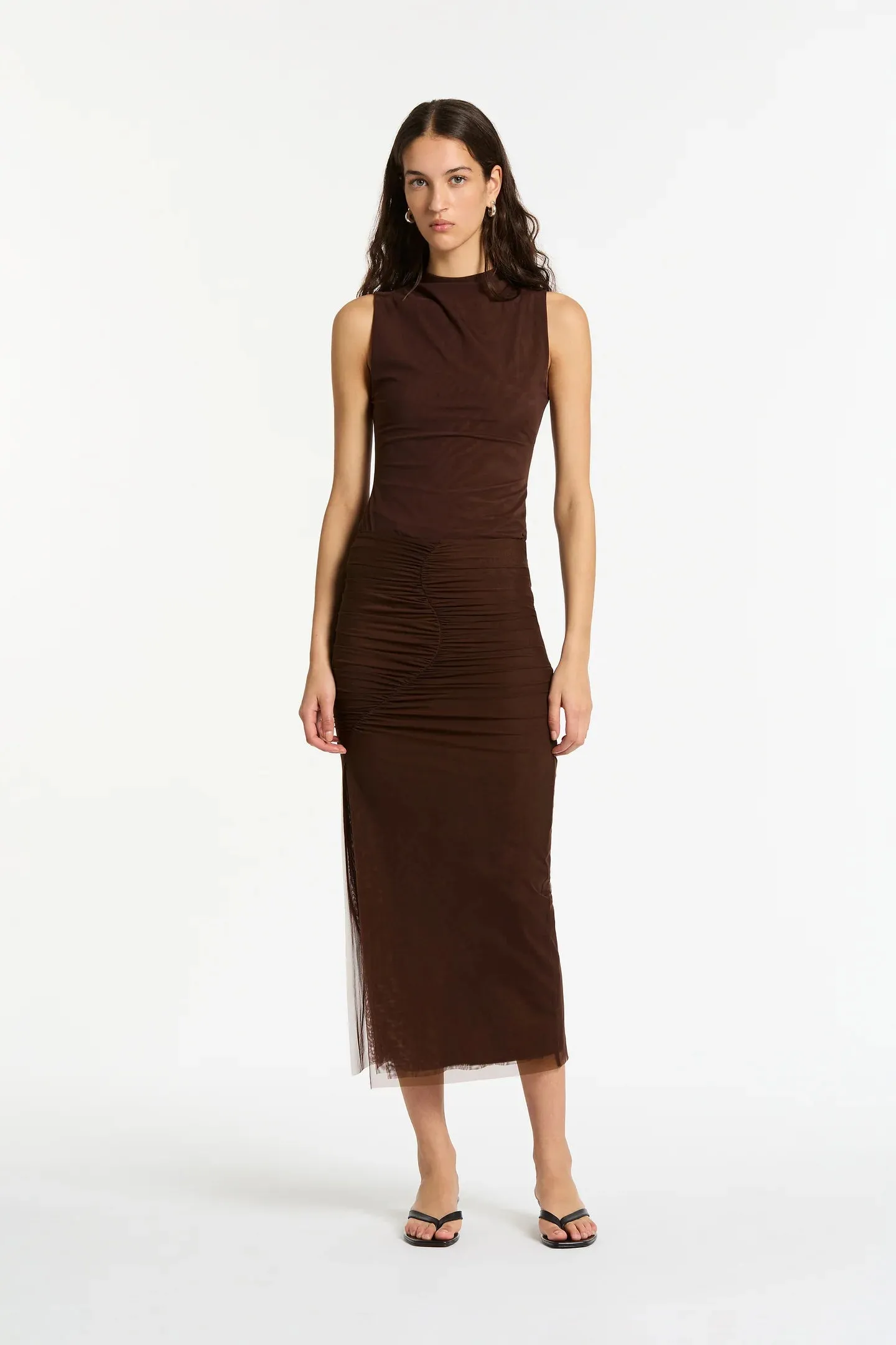 SIR. Jacques Mesh Gathered Midi Skirt - Chocolate