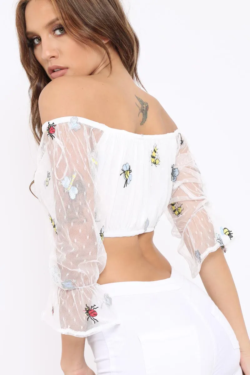 White Bardot Insect Applique Mesh Crop Top - Tayah