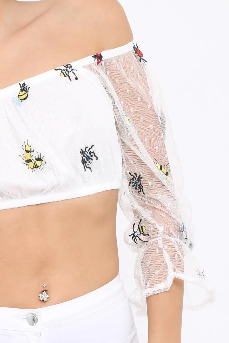 White Bardot Insect Applique Mesh Crop Top - Tayah