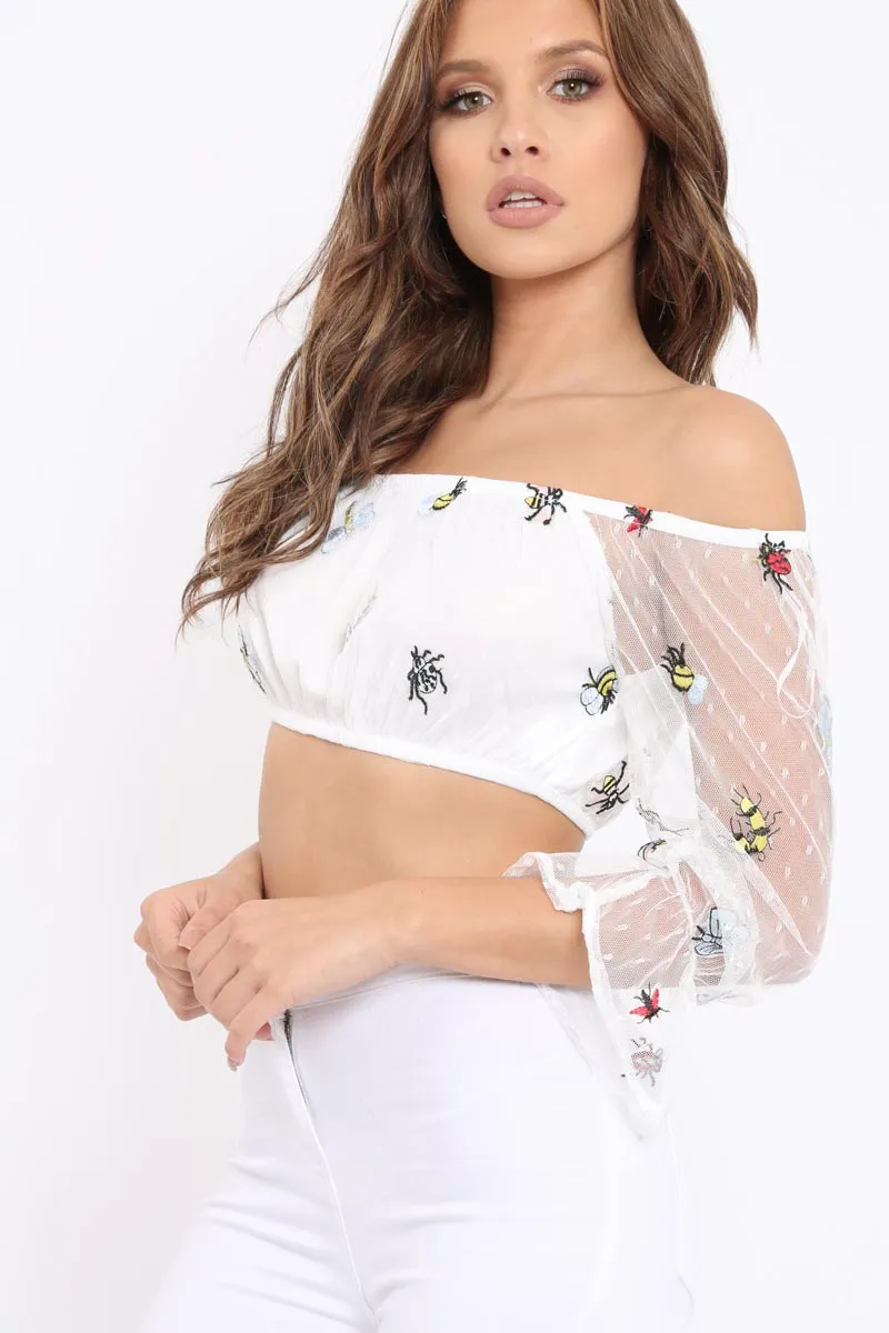 White Bardot Insect Applique Mesh Crop Top - Tayah