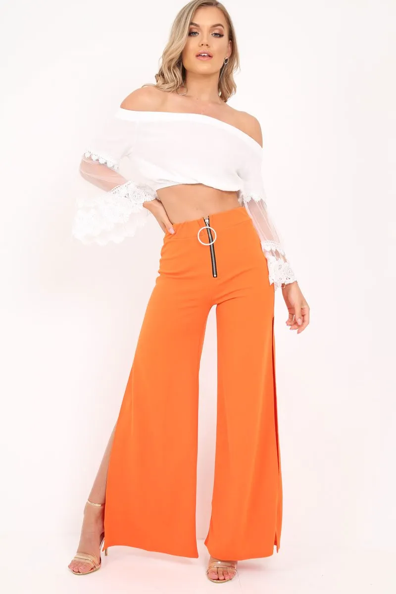 White Bardot Sheer Embroidered Sleeve Crop Top - Ryley