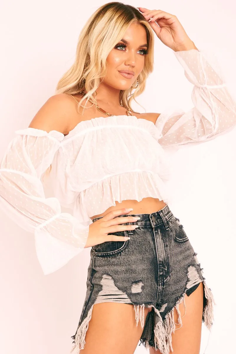 White Polka Mesh Ruffle Bardot Crop Top - Aagna