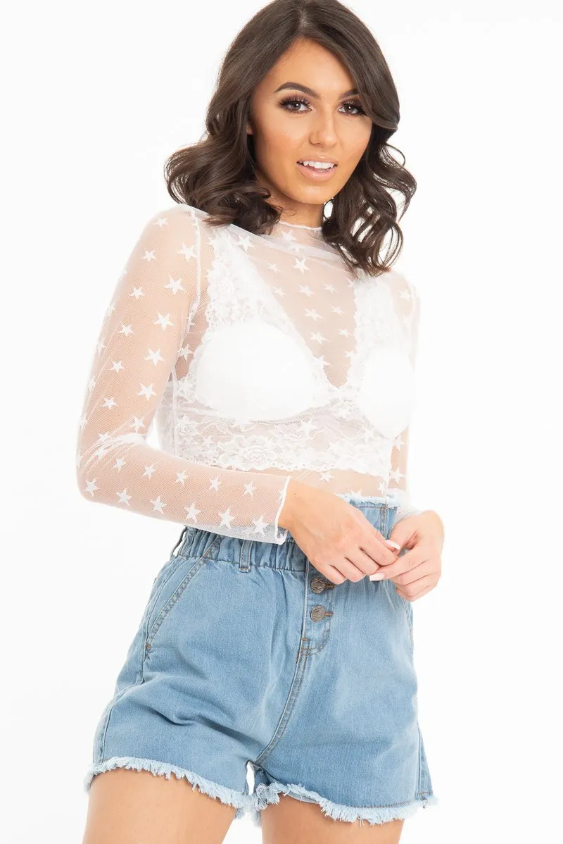 White Star Mesh High Neck Long Sleeve Top - Shine