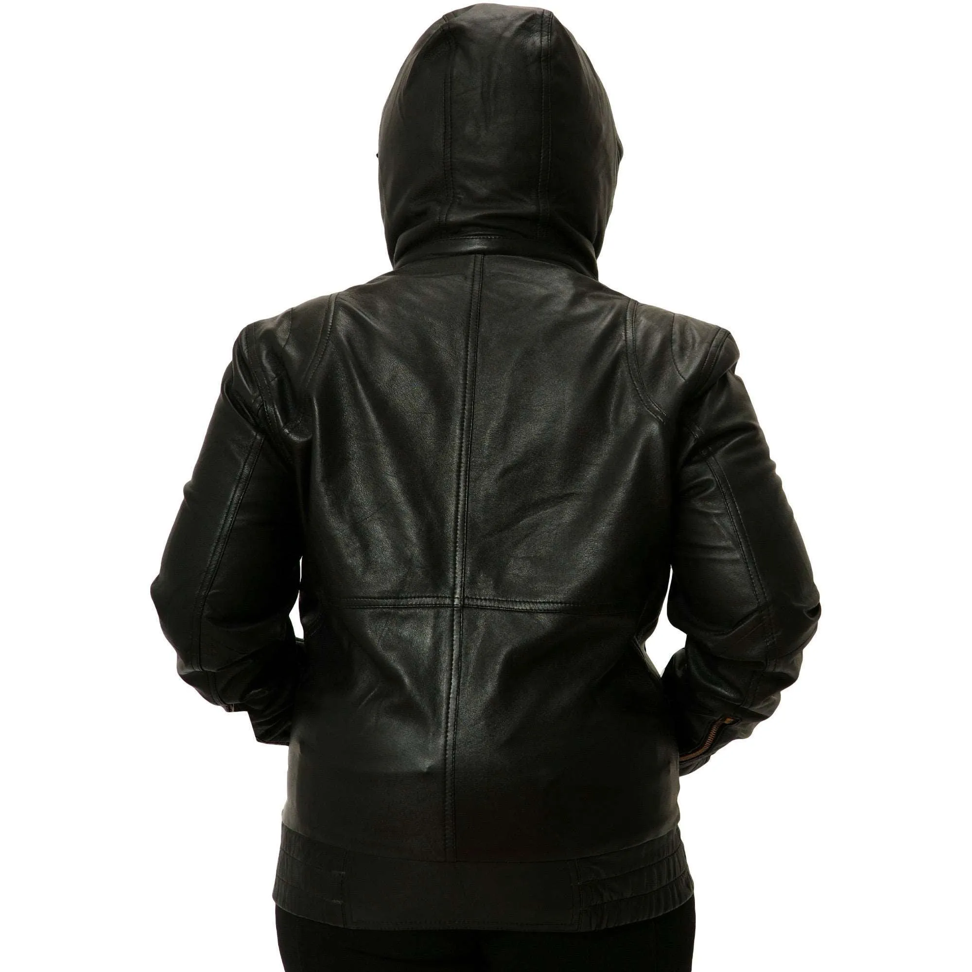 Womens Leather Jacket Black Hoodie Smooth Nappa Sheepskin Celebrity style